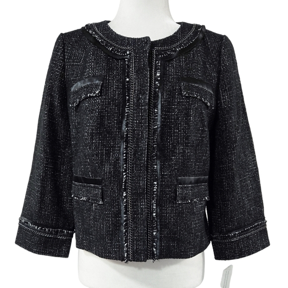 Halogen NWT Wool Blend Black Tweed Chain Detail Fringe Trim Snap Up Jacket - Picture 1 of 9